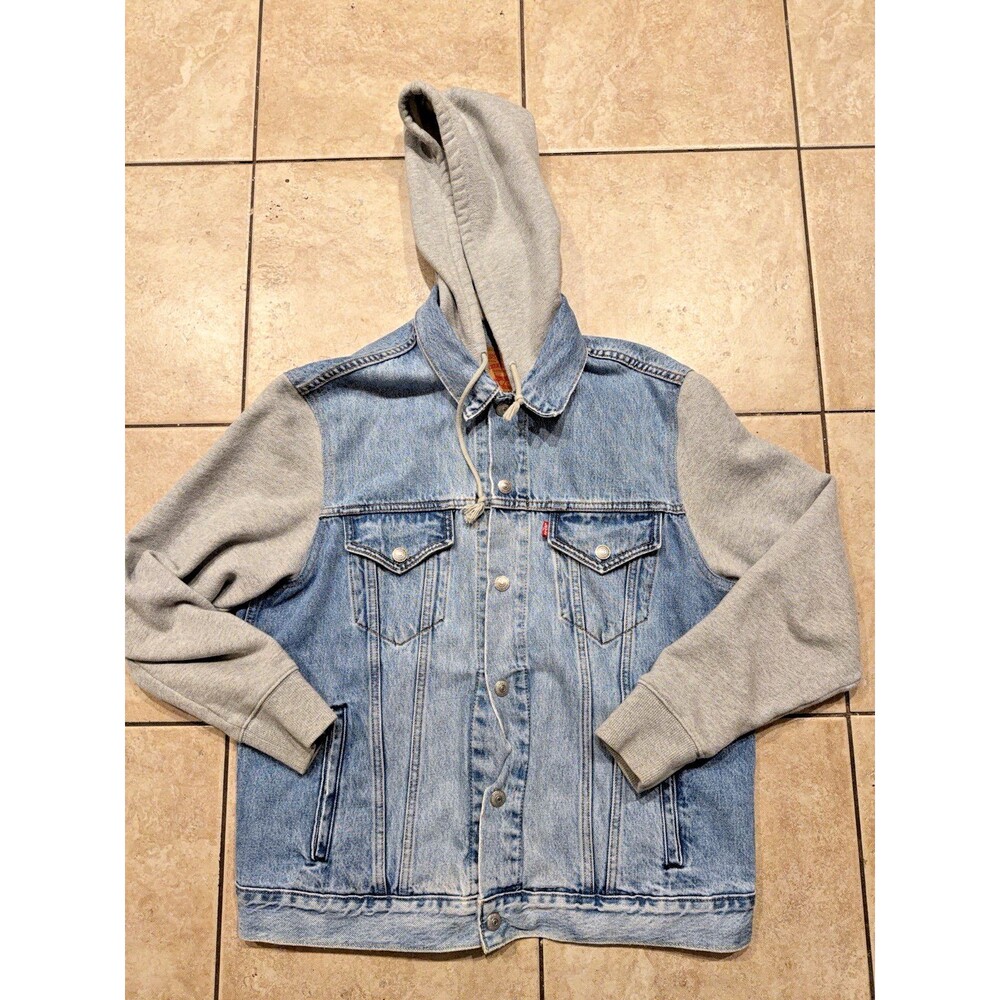 LEVIS Hybrid Hoodie Trucker Jacket Mens M Vintage Fit Blue Denim Snap Button